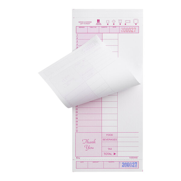A two-part purple and white carbonless guest check pad used for recording orders in restaurants.