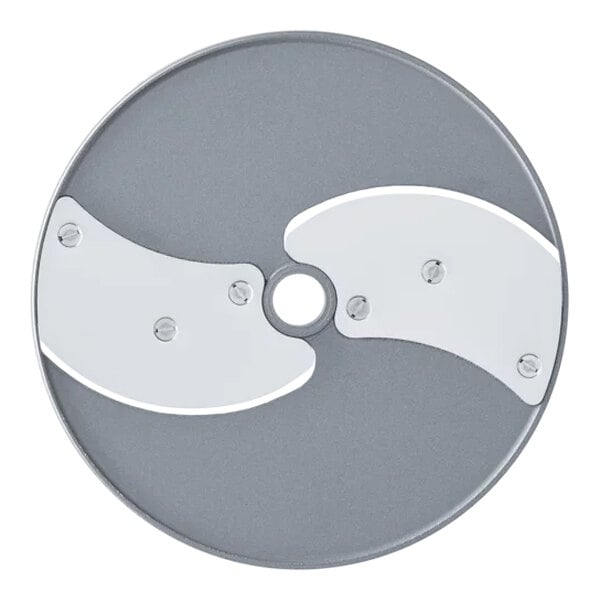 A round metal disc with two curved, shiny metal blades attached and a central hole.
