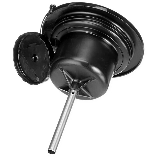 A black plastic container with a metal handle and a lid.