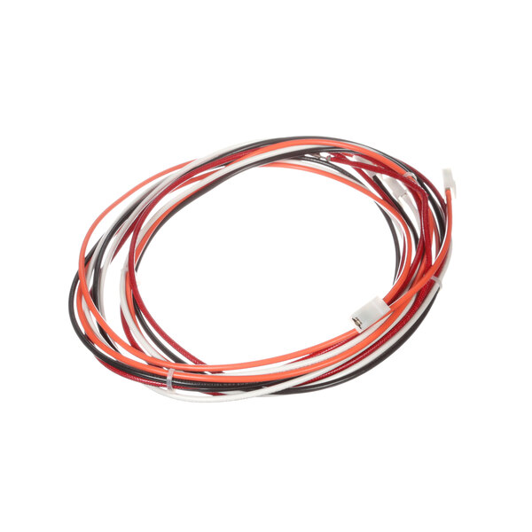 A close-up of a WRHARNESS1 wiring harness with red, orange, and white wires.