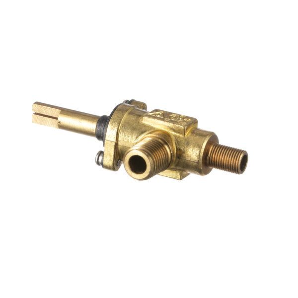 A close-up of a gold Southbend brass valve with a screw.