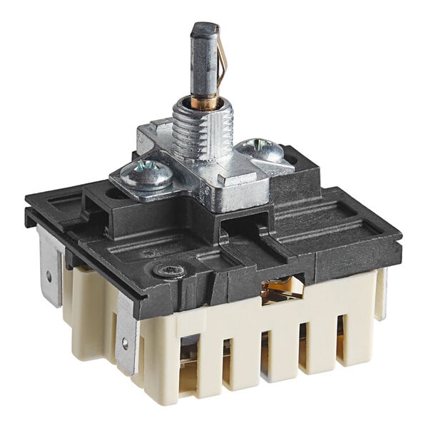 A close-up of a black and white Vulcan Infinite Switch with a metal cover.