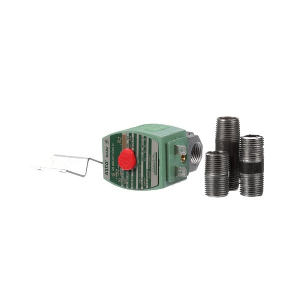A green and black Vulcan gas solenoid valve with metal pipes.
