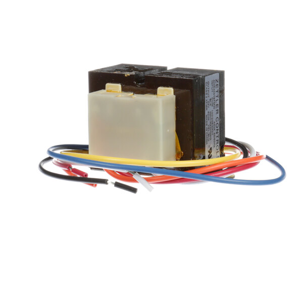 A NU-VU transformer with wires and yellow caps.