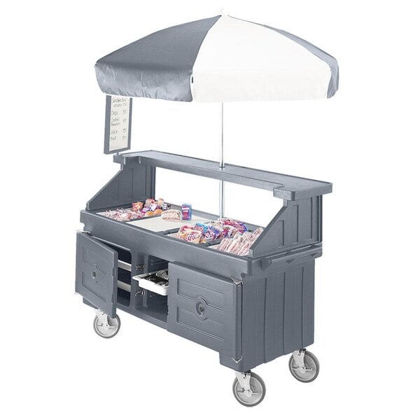 A grey Cambro vending cart with a white and black umbrella on top.