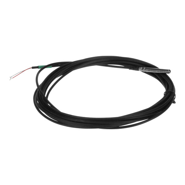 A black cable with a black and red wire attached to a white sensor.