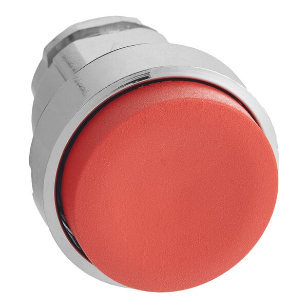 A red button with a silver metal frame.