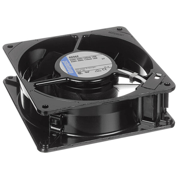 A black Rational cooling fan with a blue label.