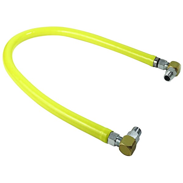 A yellow hose with metal fittings on the ends.