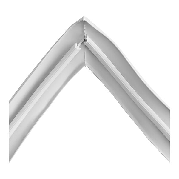 A close-up of a white curved door gasket for a Manitowoc Ice cabinet.