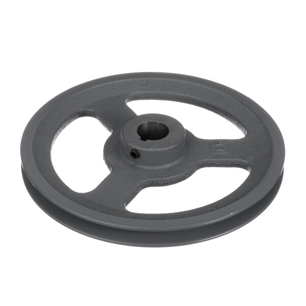 A grey metal pulley wheel with a hole.