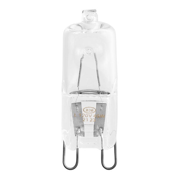 A clear Baxter 40 watt halogen light bulb with metal holders.