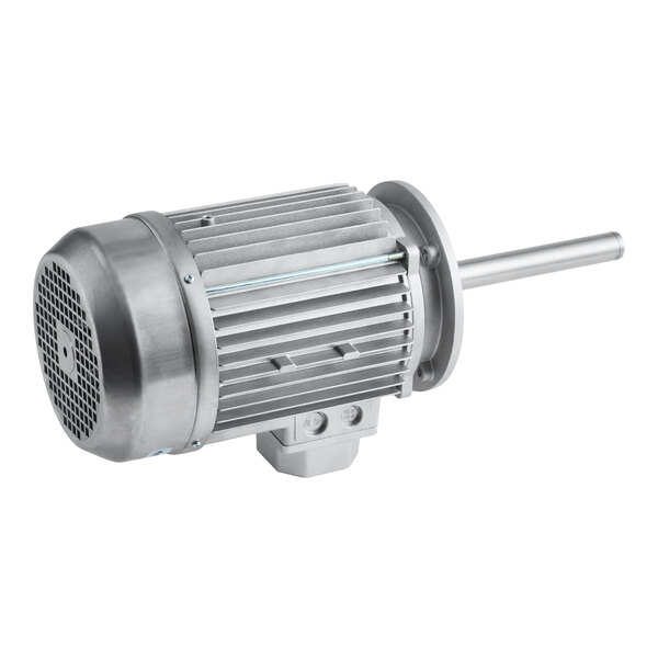 A metal blower motor with a cylindrical body, cooling fins, and an extended shaft.