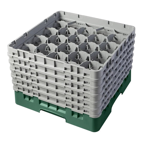 A stackable plastic glass rack with 20 compartments and six extenders, primarily gray with a green base.