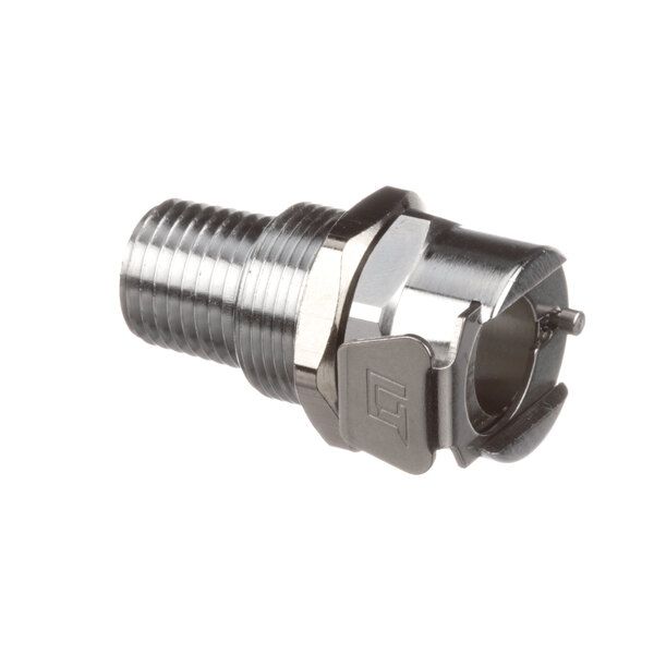A close-up of a stainless steel threaded connector with a metal nut.