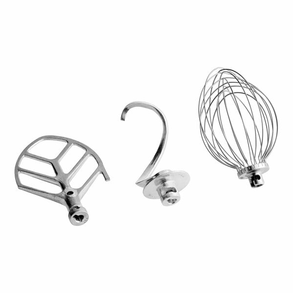 A set of three metal mixer attachments for a Hobart N50 5 Qt. bowl lift countertop mixer, including a flat beater, dough hook, and wire whip.