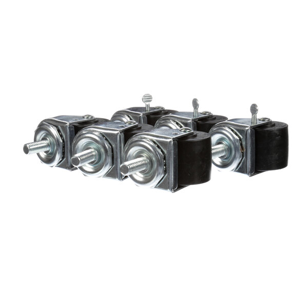 A set of six metal and plastic casters with black rubber wheels.