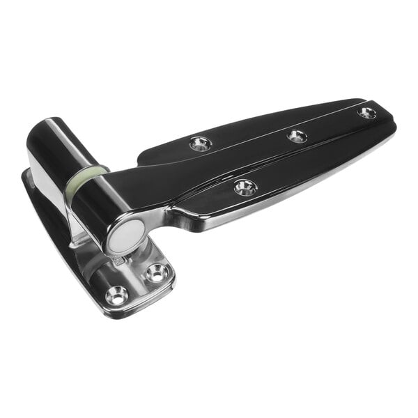 A chrome door hinge with a black and silver hinge pin.