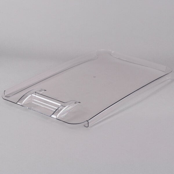 A clear plastic lid with a handle for a Cambro ingredient bin.