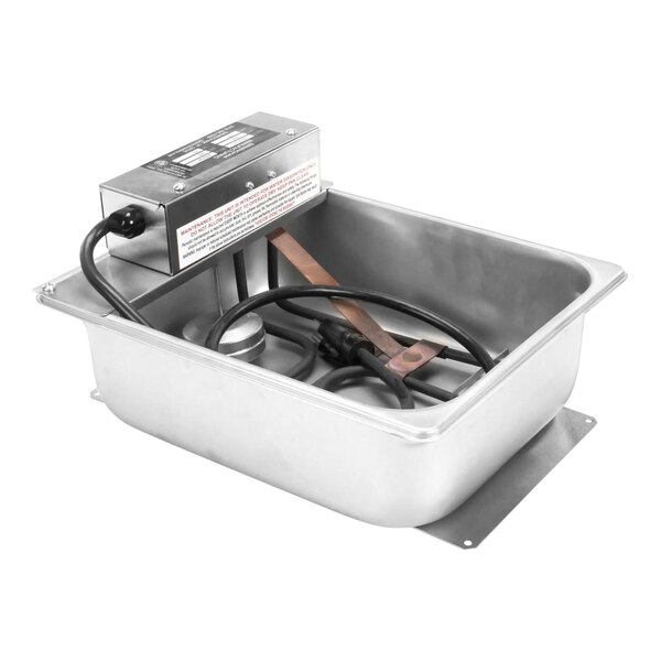A metal container with a stainless steel pan and wires.