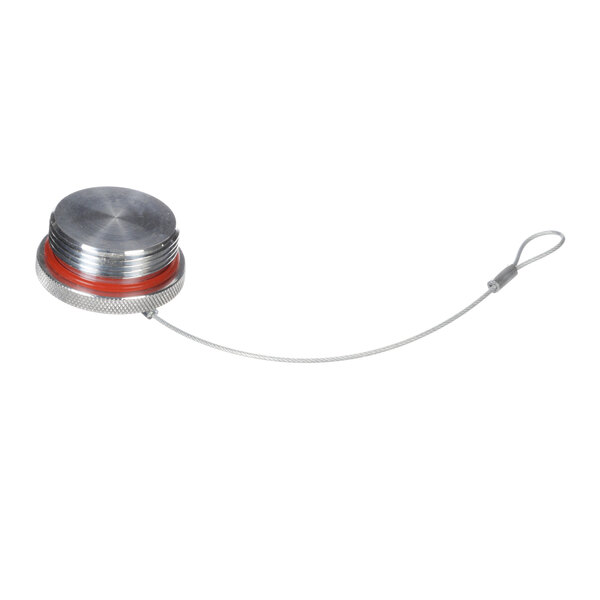 A silver and red metal Vulcan drain plug with a cord.