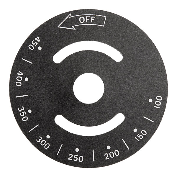 A black circular Vulcan control knob dial with white text for off and on.