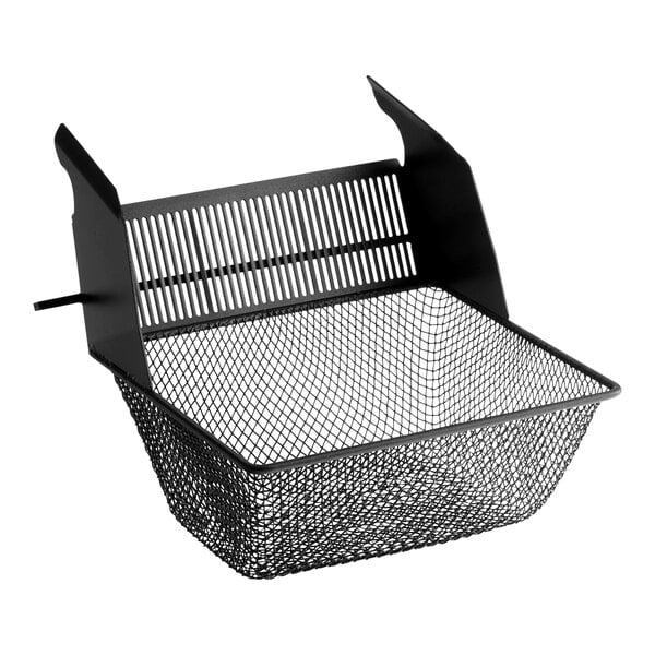A black wire mesh basket with a slotted metal back panel, designed for use with a Perfect Fry fryer.