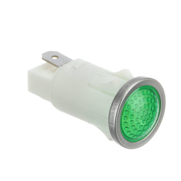 A close-up of a green Legion indicator light on a white background.
