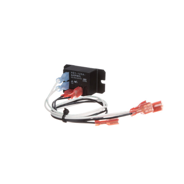 A black Grindmaster-Cecilware relay with red and white wires.