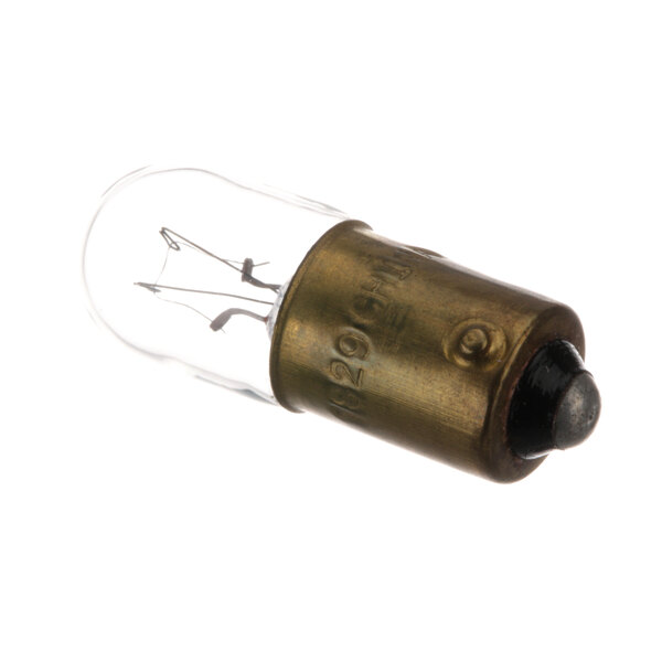 An Insinger DE9-92 mini light bulb with a black base and brass cap.