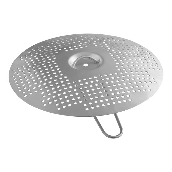 A circular stainless steel Cleveland DS-2 Td2 strainer with holes.