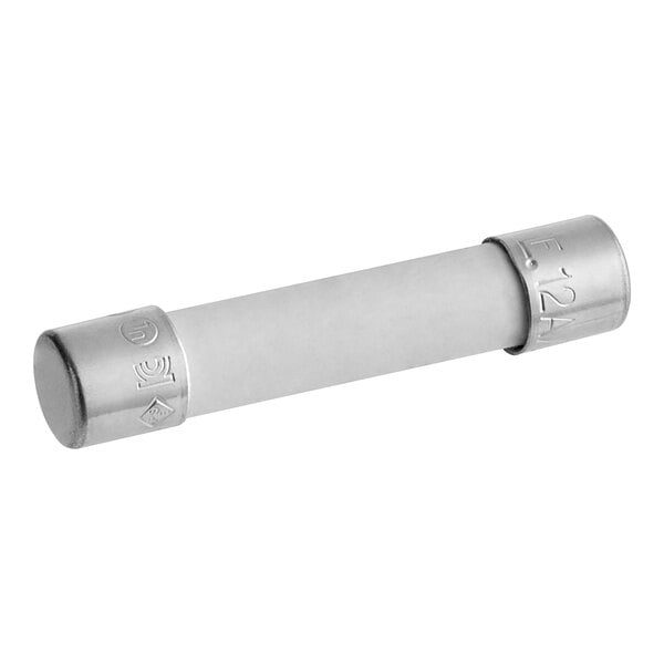 A white metal tube with a silver cap, a close-up of an Amana M0805105 12 Amp fuse.