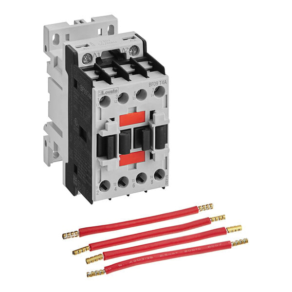 A close-up of a Moffat contactor kit with red and white wires.