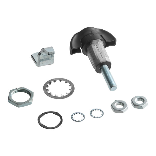 A non-locking vice wing latch assembly with various washers, nuts, and a metal component.