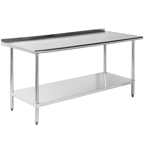 An Advance Tabco stainless steel work table with a backsplash and undershelf.