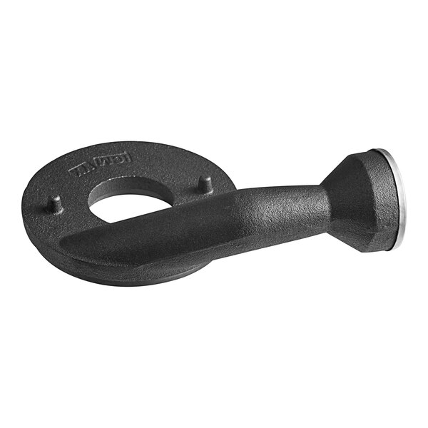 A black metal pipe with a round shape and a handle on one end.