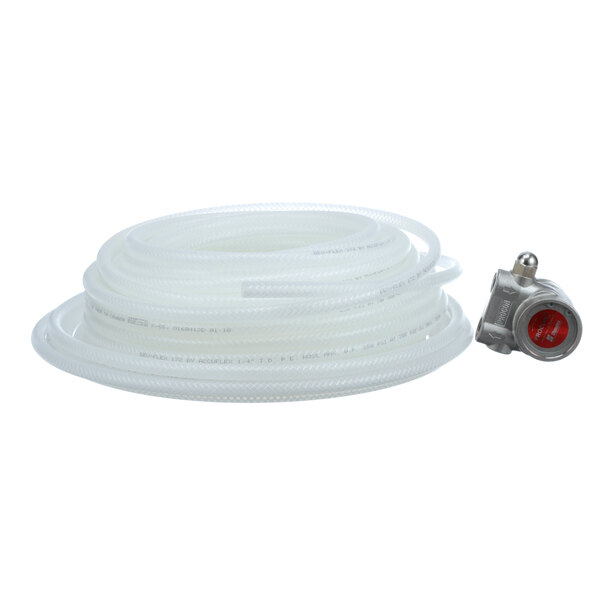 A white braided hose with a red label on a silver metal object.