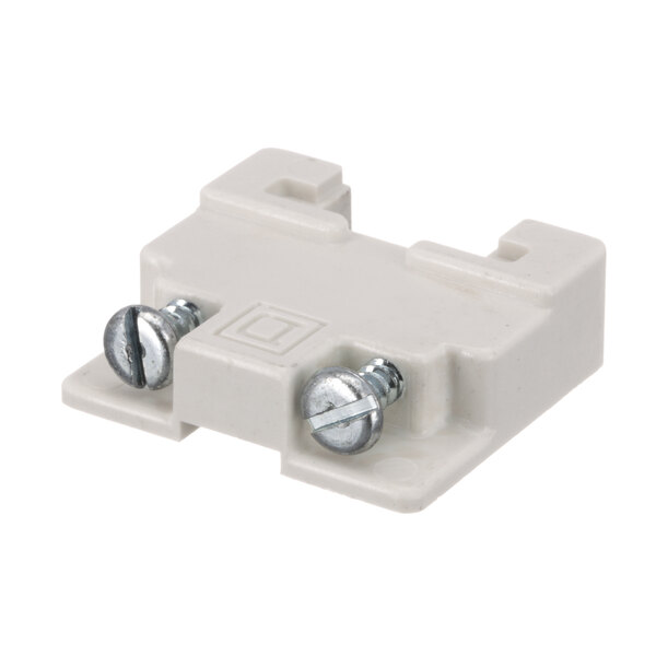 A white plastic Henny Penny end clamp with screws.