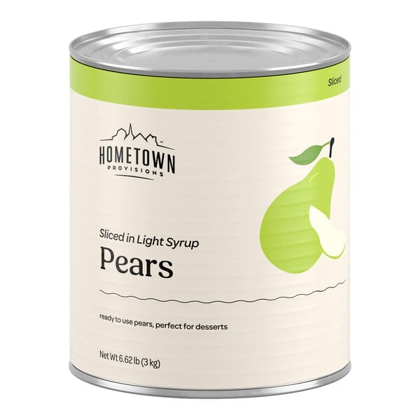 A large can with a green and cream label featuring an illustration of a pear and text indicating it contains sliced pears in light syrup.