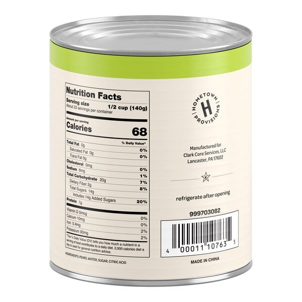 The image shows the back of a can with a nutrition facts label, barcode, and product information, including ingredients and manufacturer details.
