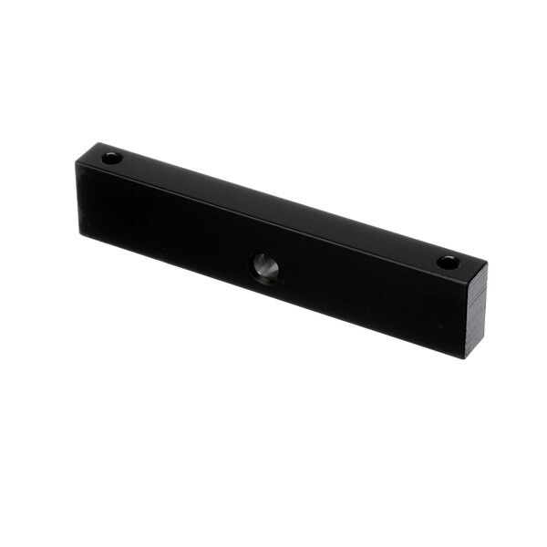 A black painted metal rectangular bracket with a hole on each end.