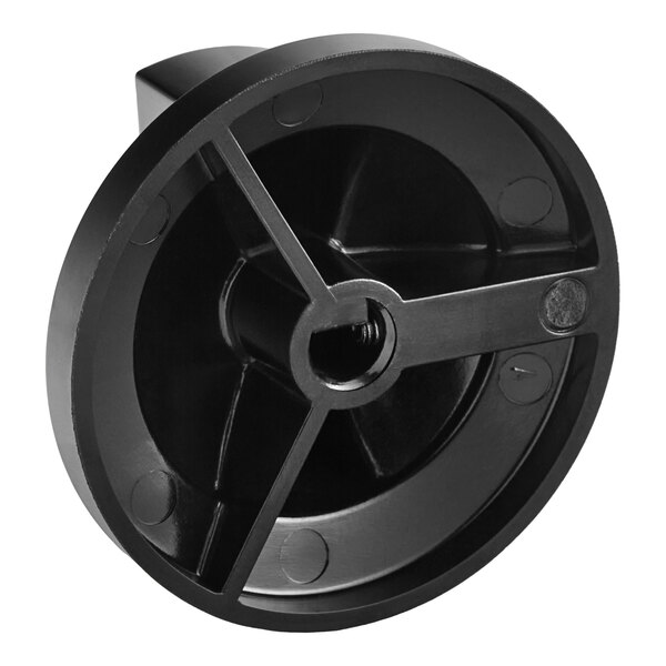 A black plastic circular knob with a hole in the center.