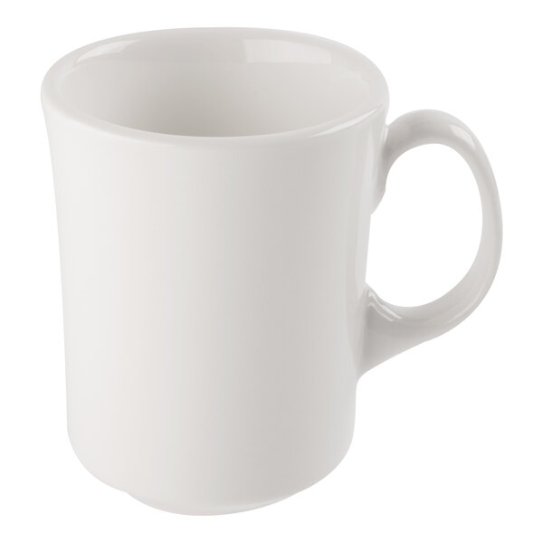 A plain white ceramic mug with a handle, shown against a white background.