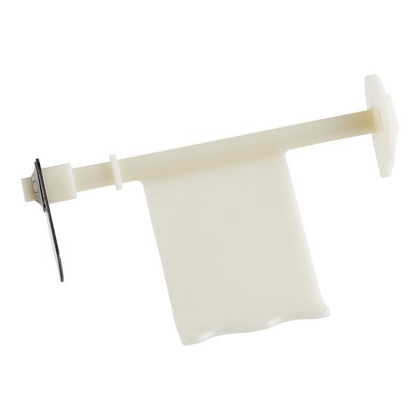 A white plastic Manitowoc Ice damper door clip with a metal screw.