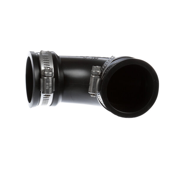 A black Salvajor intake elbow with silver metal fittings.