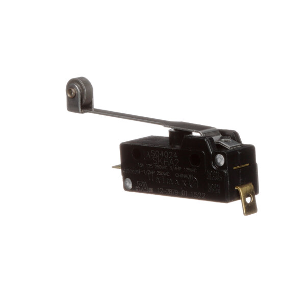 A close-up of a Scotsman black switch with a metal handle.