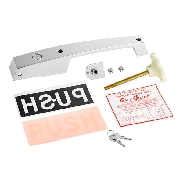 A Kason chrome push door handle with keys in the lock.