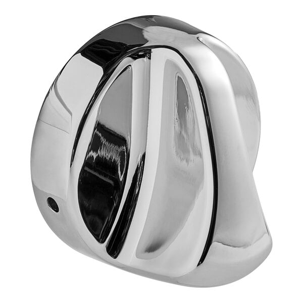 A shiny silver Vulcan metal knob with a black center.