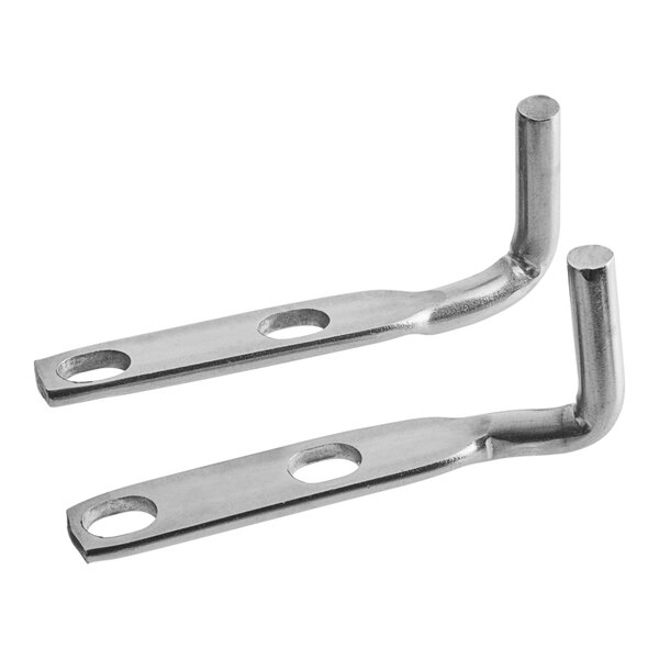 A pair of stainless steel brackets used for a Manitowoc Ice bin door hinge.