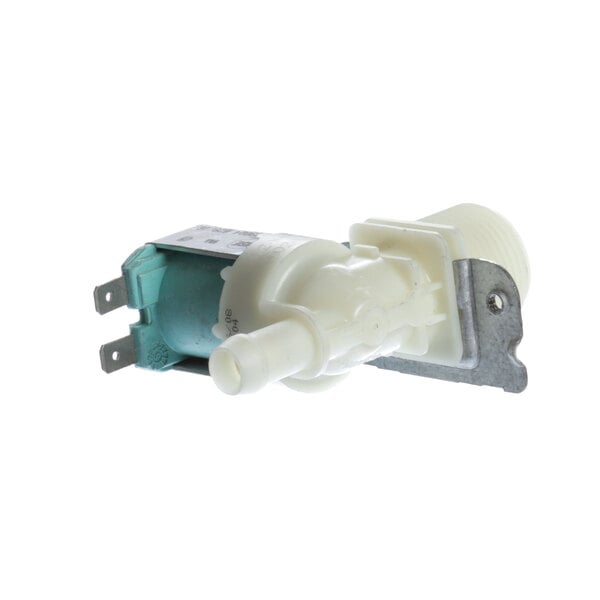 A white plastic Scotsman water valve with a metal cap.